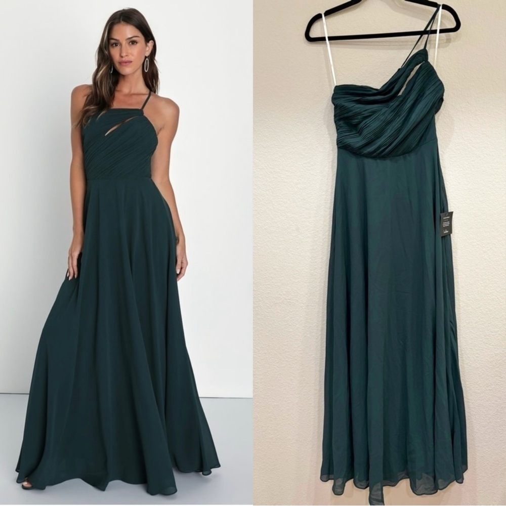 Size S NWT Lulus Extraordinary Elegance Emerald Pleated One-Shoulder Maxi Dress‎